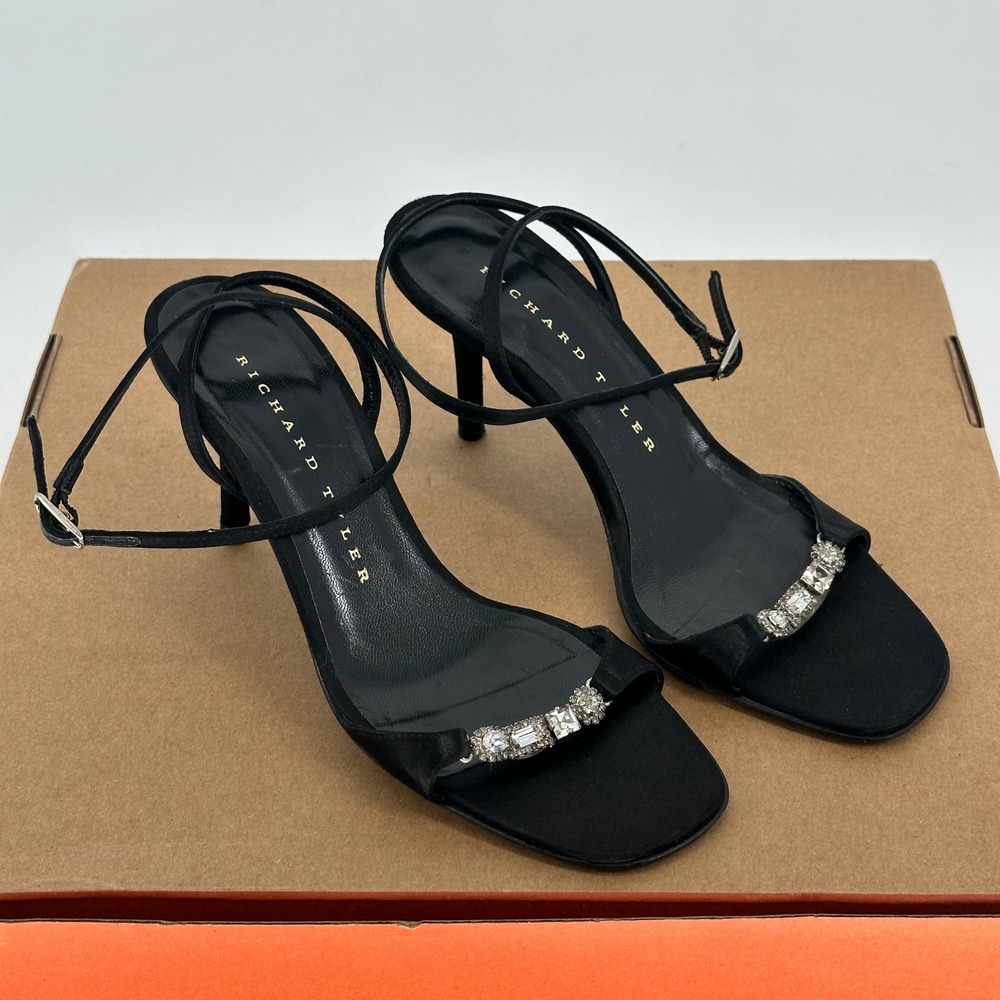 Richard Tyler Sparkly Rhinestone Black Open Square Toe Low‎ Heels Italy 5.5 M